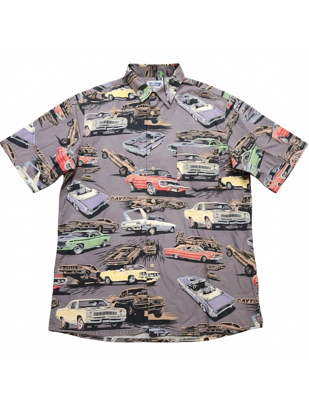 Reyn Spooner Sports Shirt Men XXL Grey Classic Hot Rod Car All Over Print Cotton